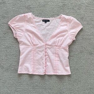Motel Women’s pink blouse puff sleeve corset ruffle coquette summer spring cute